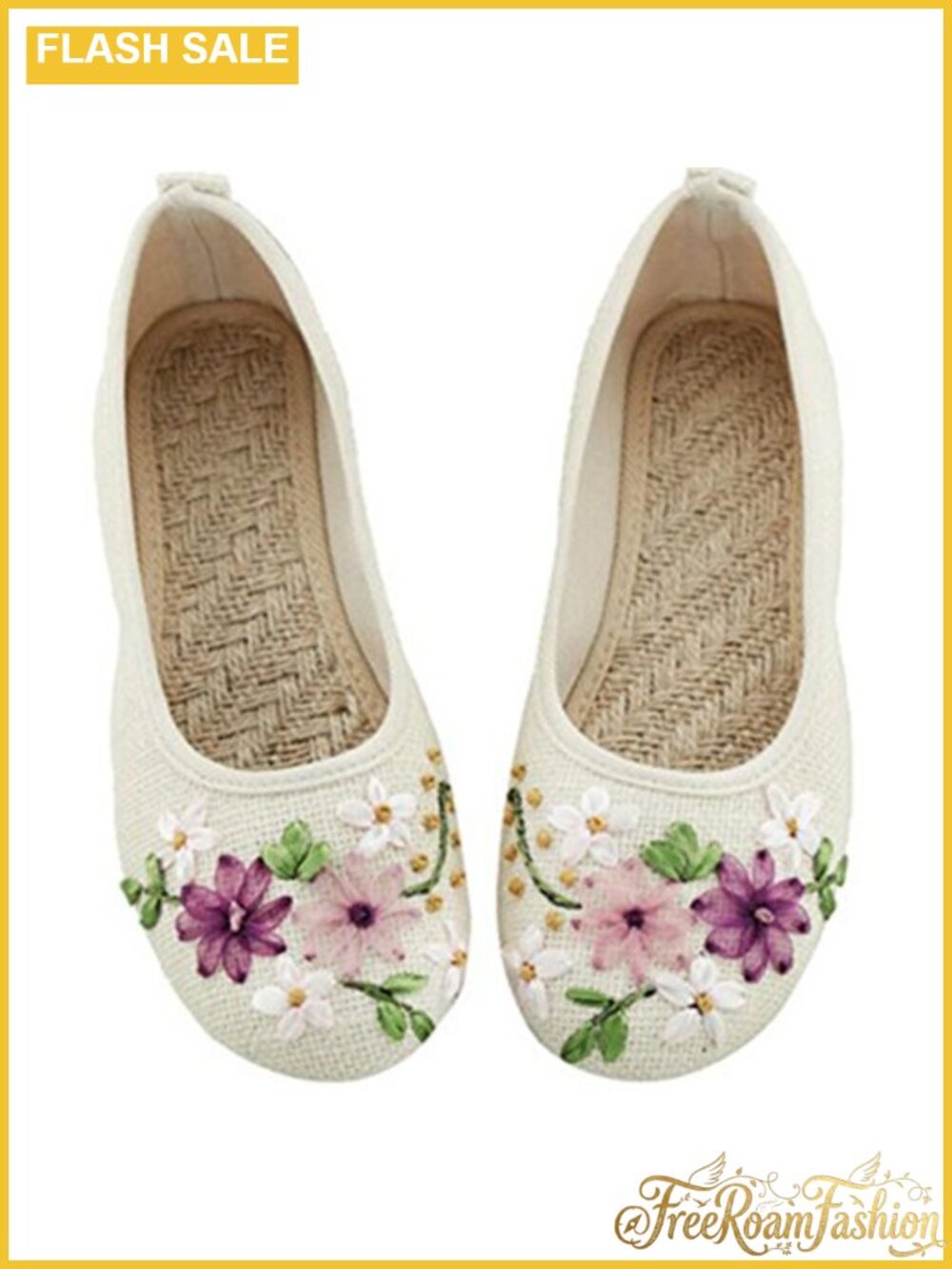 Embroidered Floral Ballet Flats Slip On Linen Shoes